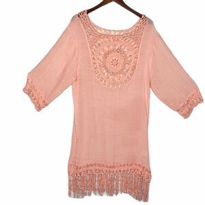 Beach By Exist Boho Fringe Crochet‎ Cover Up Coral